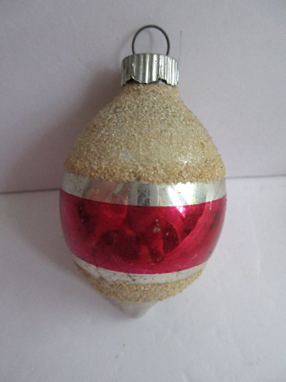 Shiny Brite Striped Glass Teardrop W/ Mica  Red Silver Christmas Ornament Vtg